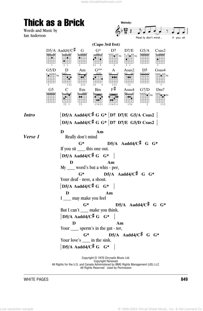 Thick As A Brick sheet music for guitar (chords) by Jethro Tull and Ian Anderson, intermediate skill level