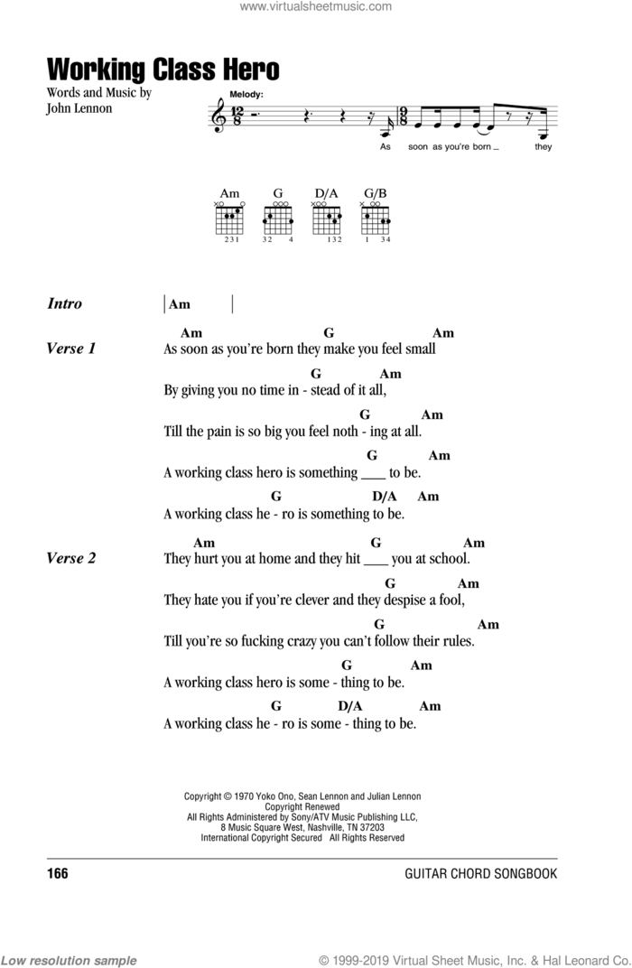 Working Class Hero sheet music for guitar (chords) by John Lennon and Green Day, intermediate skill level