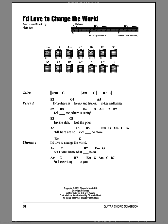 I'd Love To Change The World sheet music for guitar (chords) by Alvin Lee, intermediate skill level