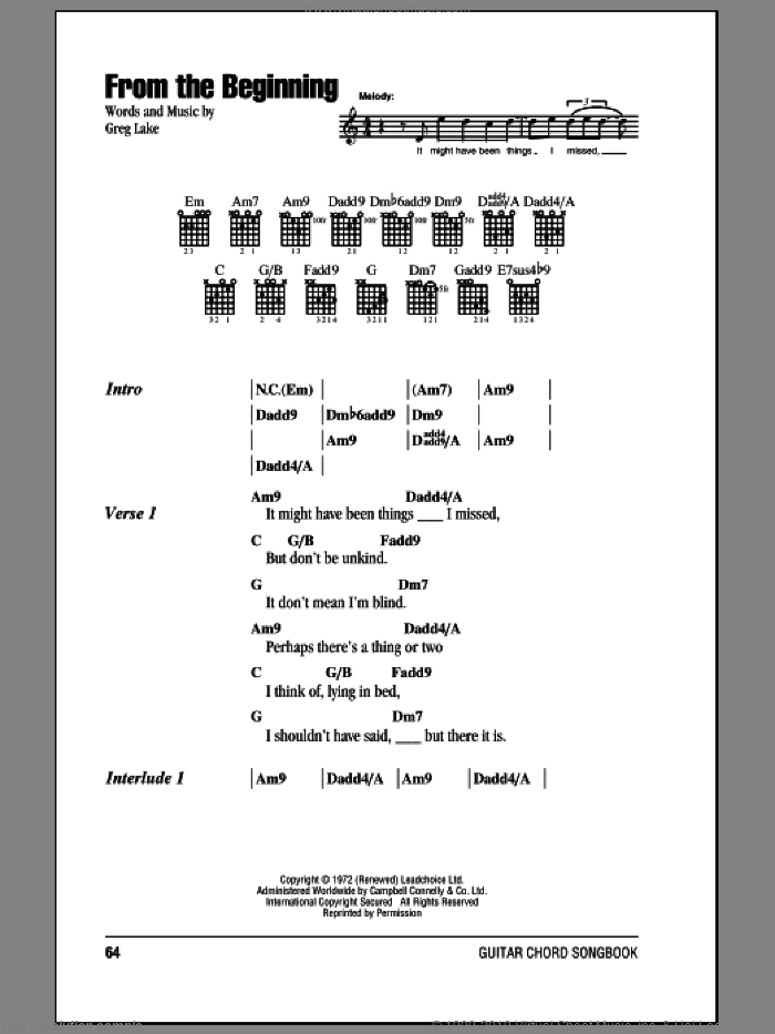 From The Beginning sheet music for guitar (chords) by Emerson, Lake & Palmer and Greg Lake, intermediate skill level