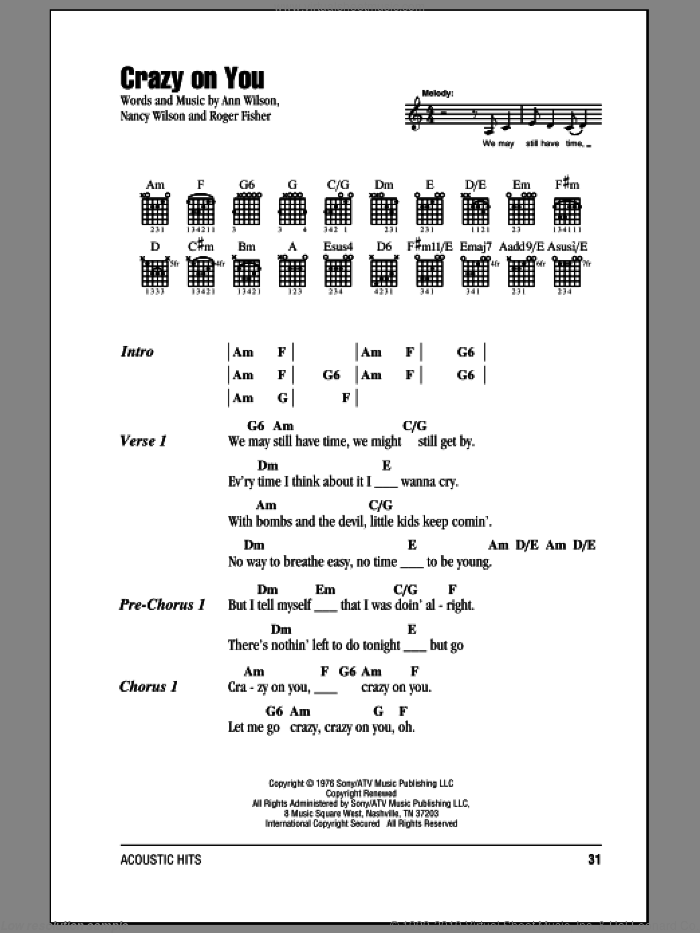 Crazy On You sheet music for guitar (chords) by Heart, Ann Wilson, Nancy Wilson and Roger Fisher, intermediate skill level