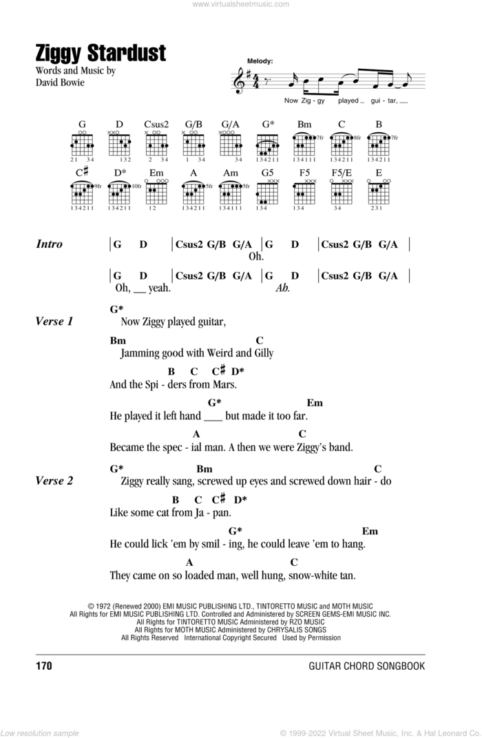 Ziggy Stardust sheet music for guitar (chords) by David Bowie, intermediate skill level