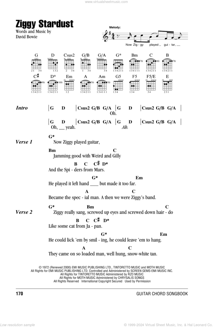 Ziggy Stardust sheet music for guitar (chords) by David Bowie, intermediate skill level