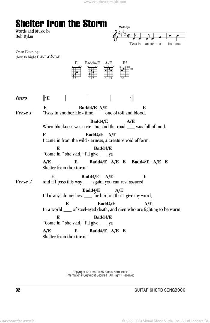 Shelter From The Storm sheet music for guitar (chords) by Bob Dylan, intermediate skill level