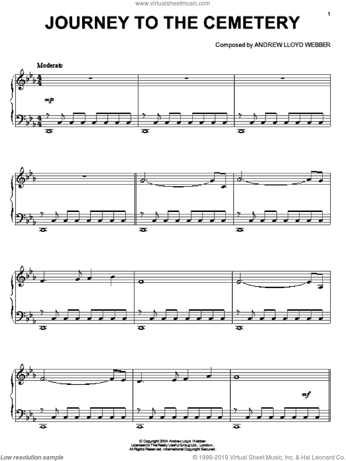 Journey To The Cemetery sheet music for piano solo by Andrew Lloyd Webber and The Phantom Of The Opera (Musical), intermediate skill level
