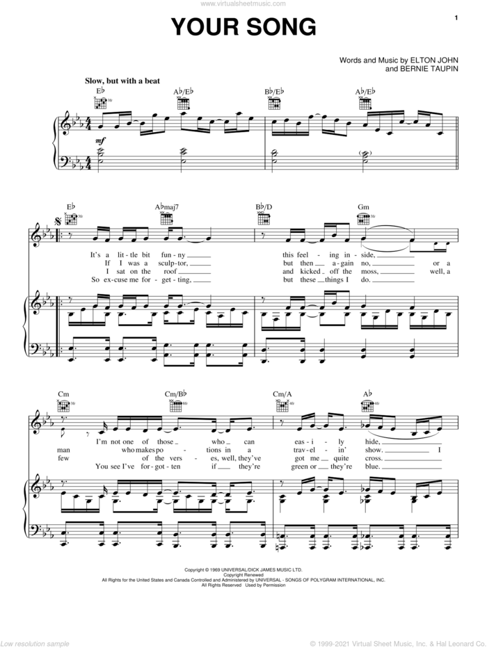 Your Song sheet music for voice, piano or guitar by Elton John, Ewan McGregor and Bernie Taupin, wedding score, intermediate skill level