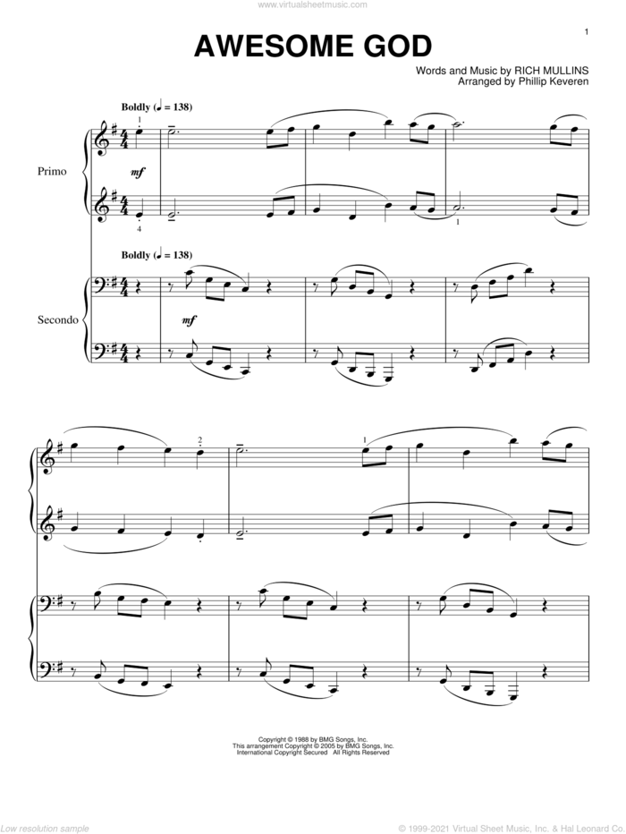 Awesome God (arr. Phillip Keveren) sheet music for piano four hands by Rich Mullins and Phillip Keveren, intermediate skill level