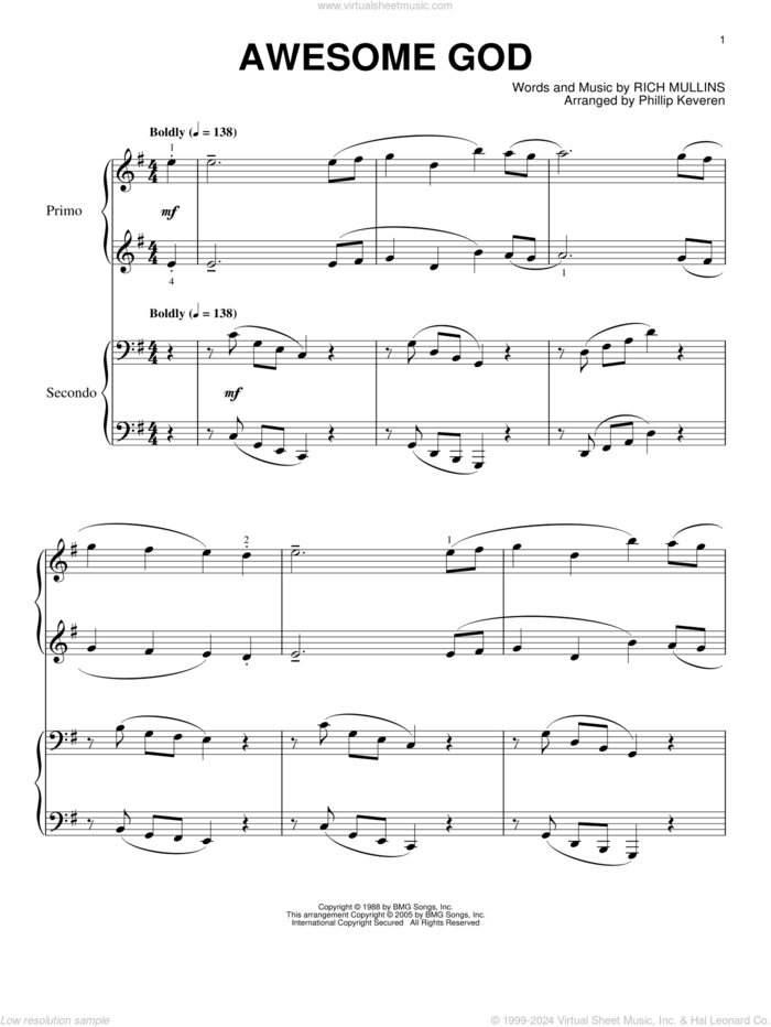 Awesome God (arr. Phillip Keveren) sheet music for piano four hands by Rich Mullins and Phillip Keveren, intermediate skill level