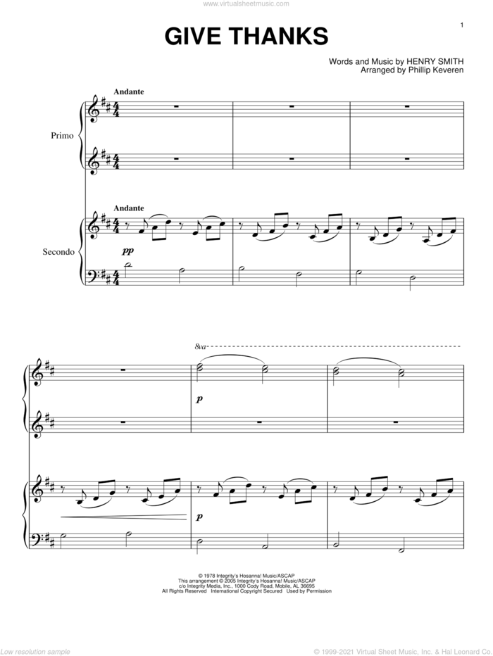 Give Thanks (arr. Phillip Keveren) sheet music for piano four hands by Henry Smith and Phillip Keveren, intermediate skill level