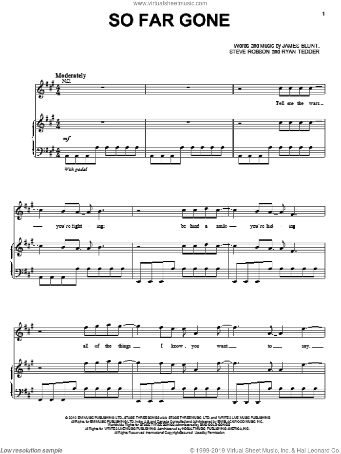 So Far Gone sheet music for voice, piano or guitar by James Blunt, Ryan Tedder and Steve Robson, intermediate skill level