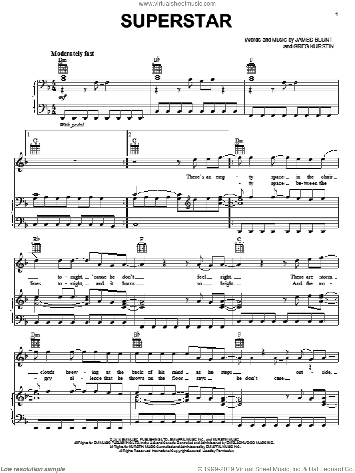 Superstar sheet music for voice, piano or guitar by James Blunt and Greg Kurstin, intermediate skill level
