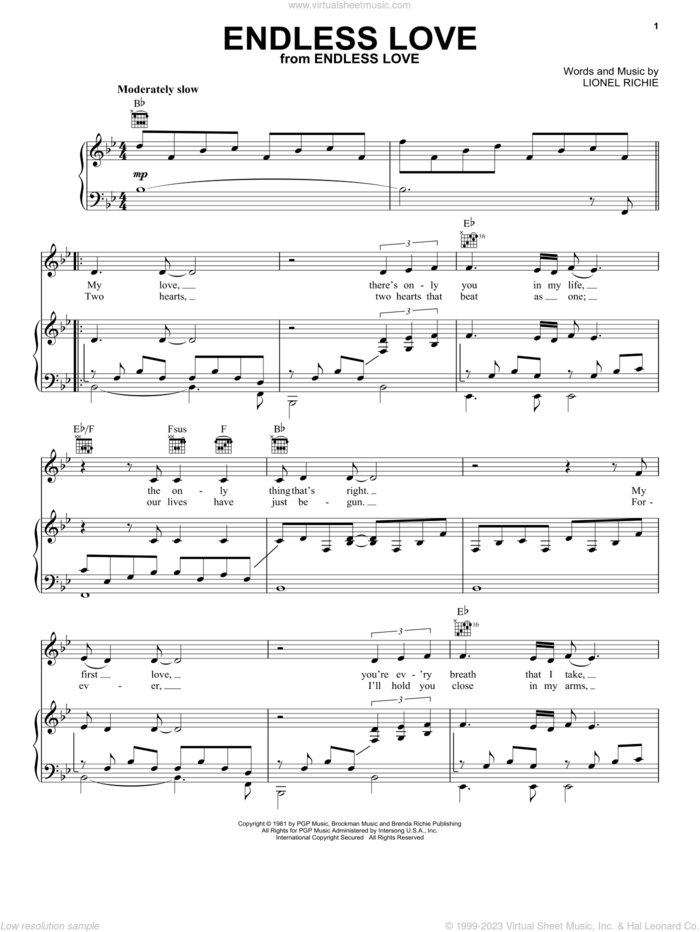 Endless Love sheet music for voice, piano or guitar by Lionel Richie & Diana Ross, Diana Ross, Kenny Rogers, Mariah Carey, Miscellaneous and Lionel Richie, wedding score, intermediate skill level