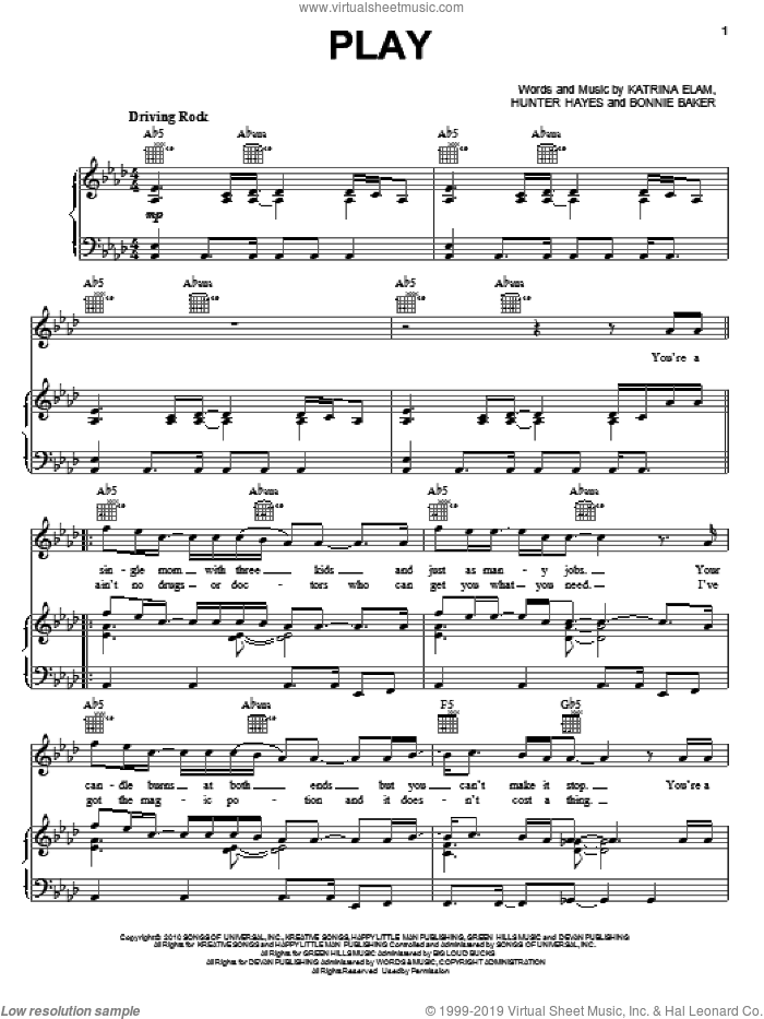 Play sheet music for voice, piano or guitar by Rascal Flatts, Bonnie Baker, Hunter Hayes and Katrina Elam, intermediate skill level