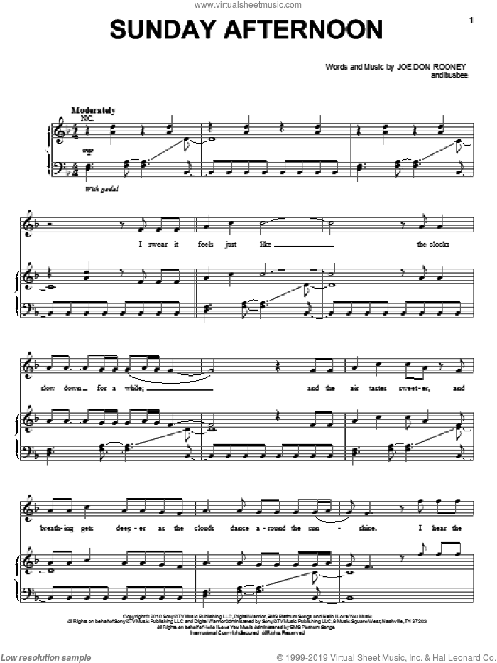 Sunday Afternoon sheet music for voice, piano or guitar by Rascal Flatts, busbee and Joe Don Rooney, intermediate skill level