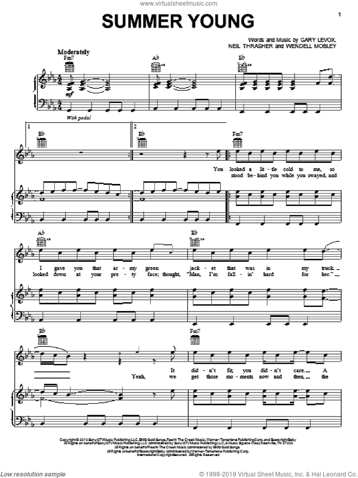 Summer Young sheet music for voice, piano or guitar by Rascal Flatts, Gary Levox, Neil Thrasher and Wendell Mobley, intermediate skill level