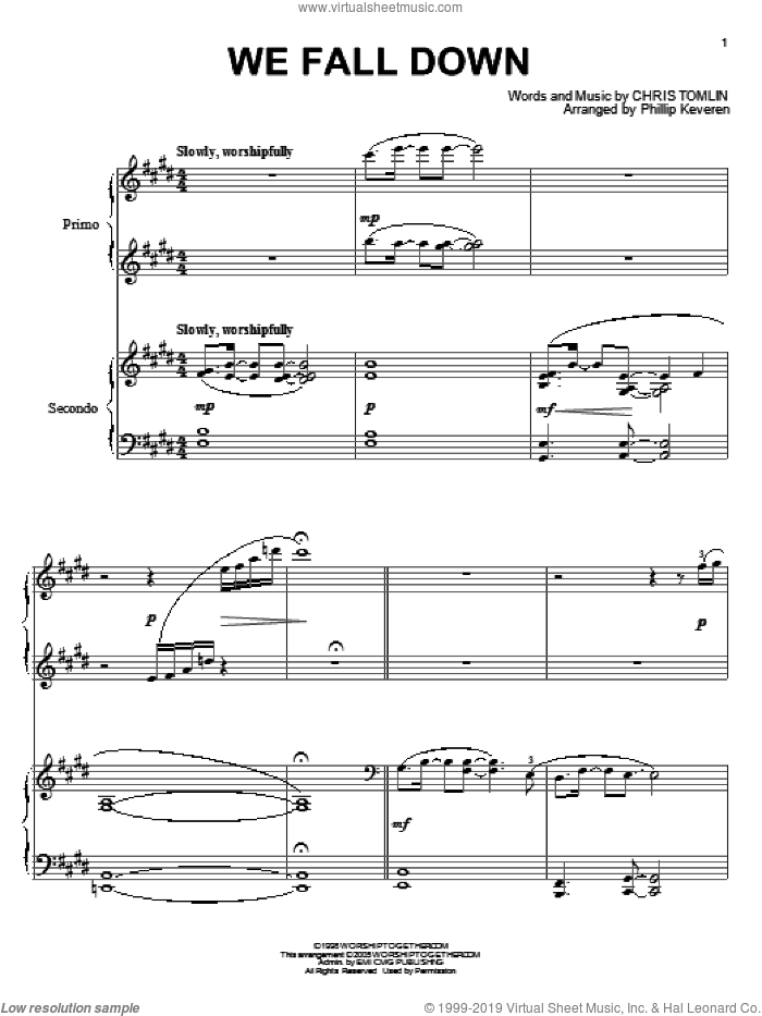 We Fall Down (arr. Phillip Keveren) sheet music for piano four hands by Chris Tomlin, Phillip Keveren and Kutless, intermediate skill level