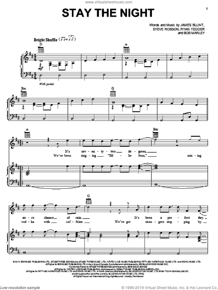 Stay The Night sheet music for voice, piano or guitar by James Blunt, Bob Marley, Ryan Tedder and Steve Robson, intermediate skill level