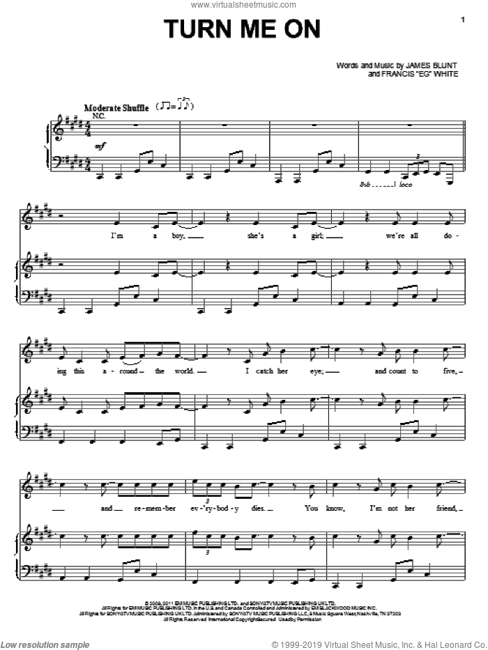 Turn Me On sheet music for voice, piano or guitar by James Blunt and Francis 'Eg' White, intermediate skill level