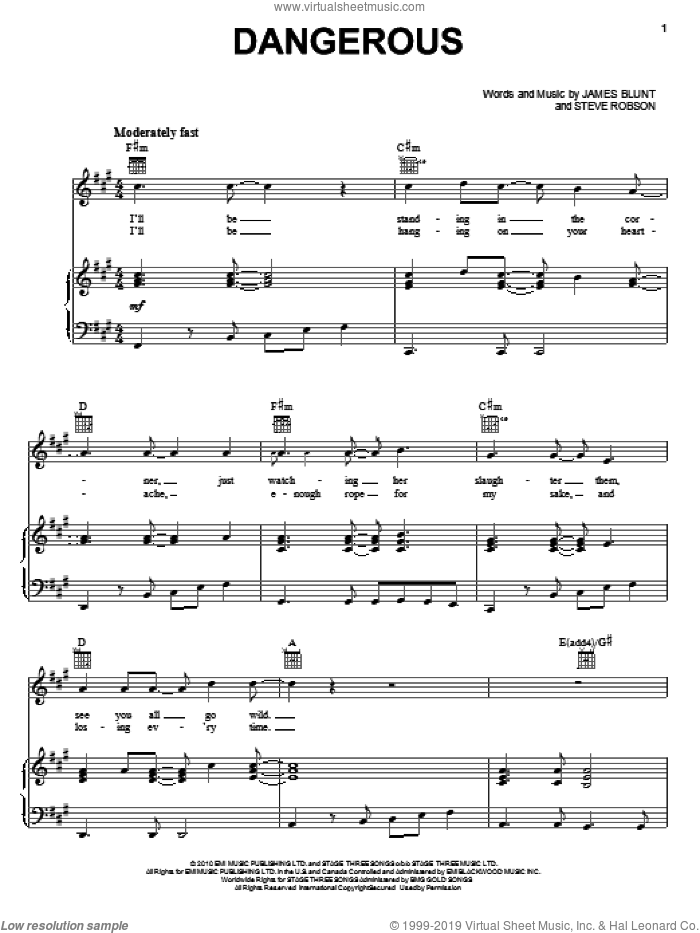 Dangerous sheet music for voice, piano or guitar by James Blunt and Steve Robson, intermediate skill level