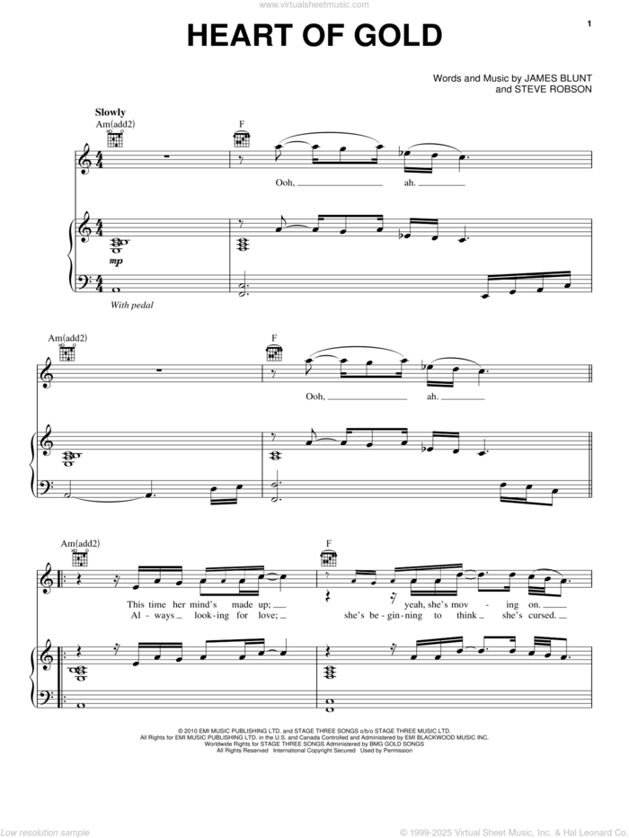 Heart Of Gold sheet music for voice, piano or guitar by James Blunt and Steve Robson, intermediate skill level