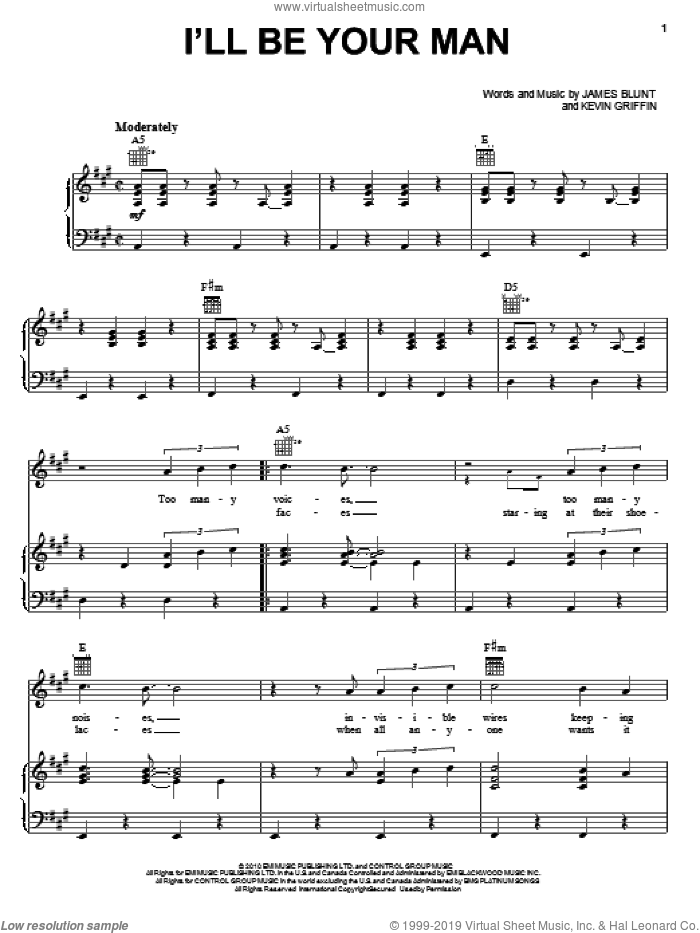 I'll Be Your Man sheet music for voice, piano or guitar by James Blunt and Kevin Griffin, intermediate skill level