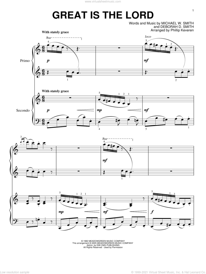 Great Is The Lord (arr. Phillip Keveren) sheet music for piano four hands by Michael W. Smith, Phillip Keveren and Deborah D. Smith, intermediate skill level
