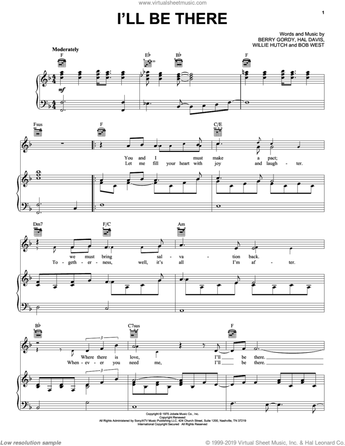 I'll Be There sheet music for voice, piano or guitar by The Jackson 5, Mariah Carey, Michael Jackson, Berry Gordy, Bob West, Hal Davis and Willie Hutch, intermediate skill level