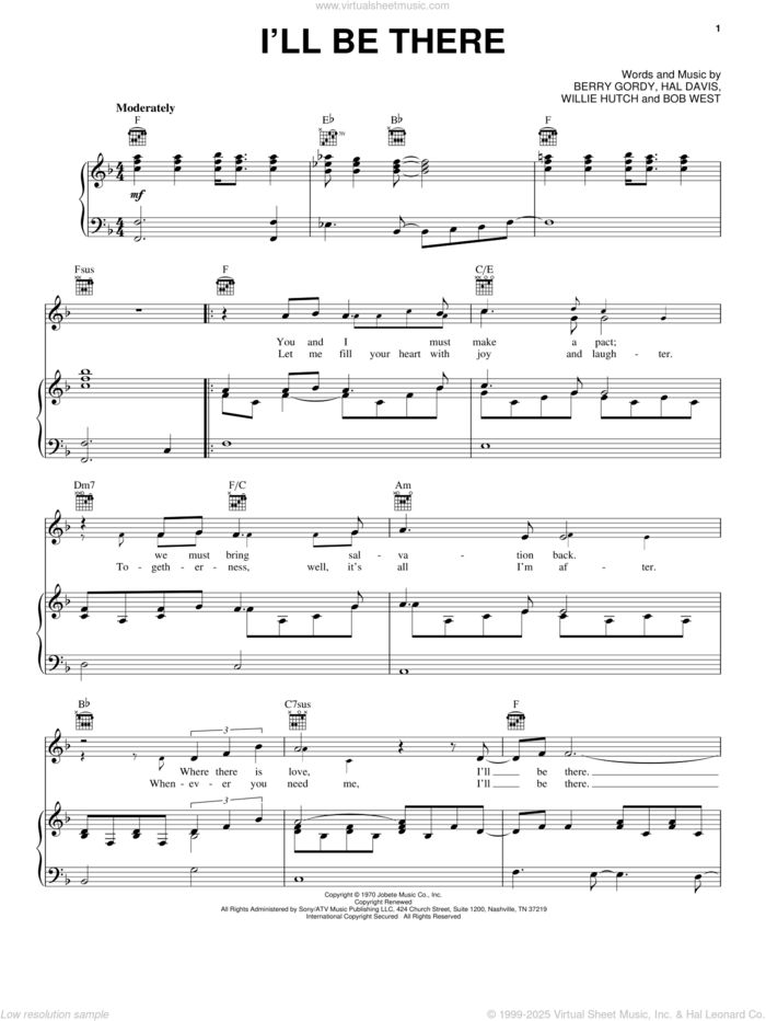 I'll Be There sheet music for voice, piano or guitar by The Jackson 5, Mariah Carey, Michael Jackson, Berry Gordy, Bob West, Hal Davis and Willie Hutch, intermediate skill level