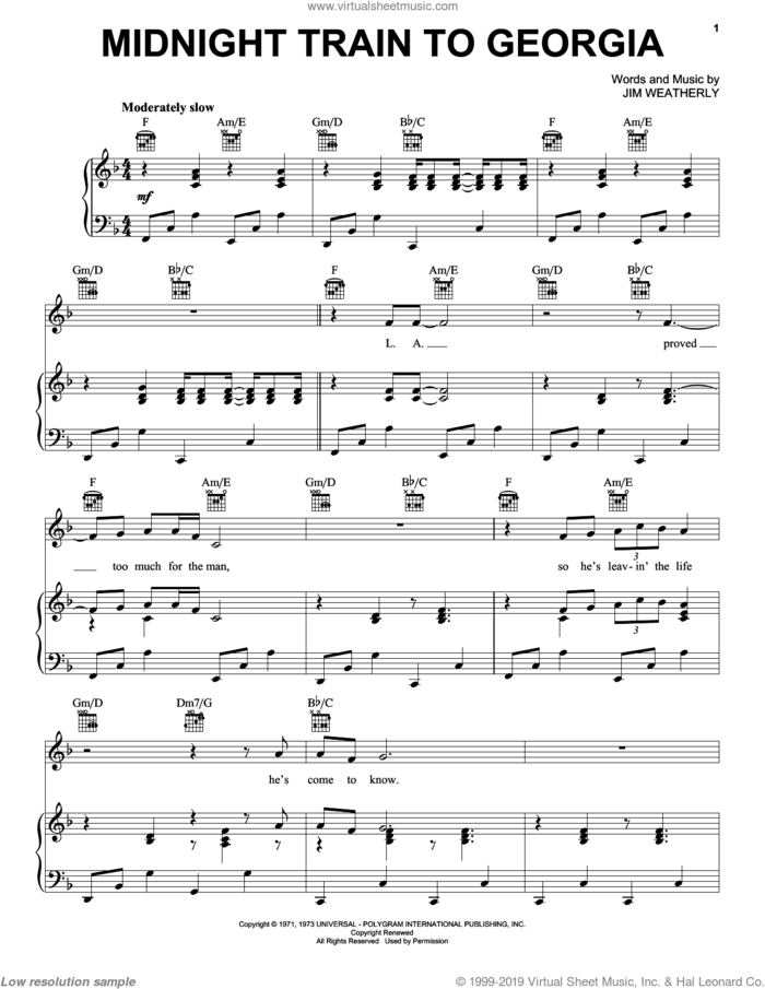 Midnight Train To Georgia sheet music for voice, piano or guitar by Gladys Knight & The Pips and Jim Weatherly, intermediate skill level