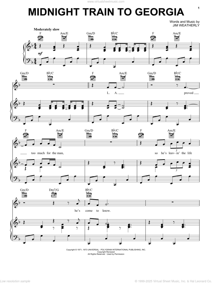 Midnight Train To Georgia sheet music for voice, piano or guitar by Gladys Knight & The Pips and Jim Weatherly, intermediate skill level