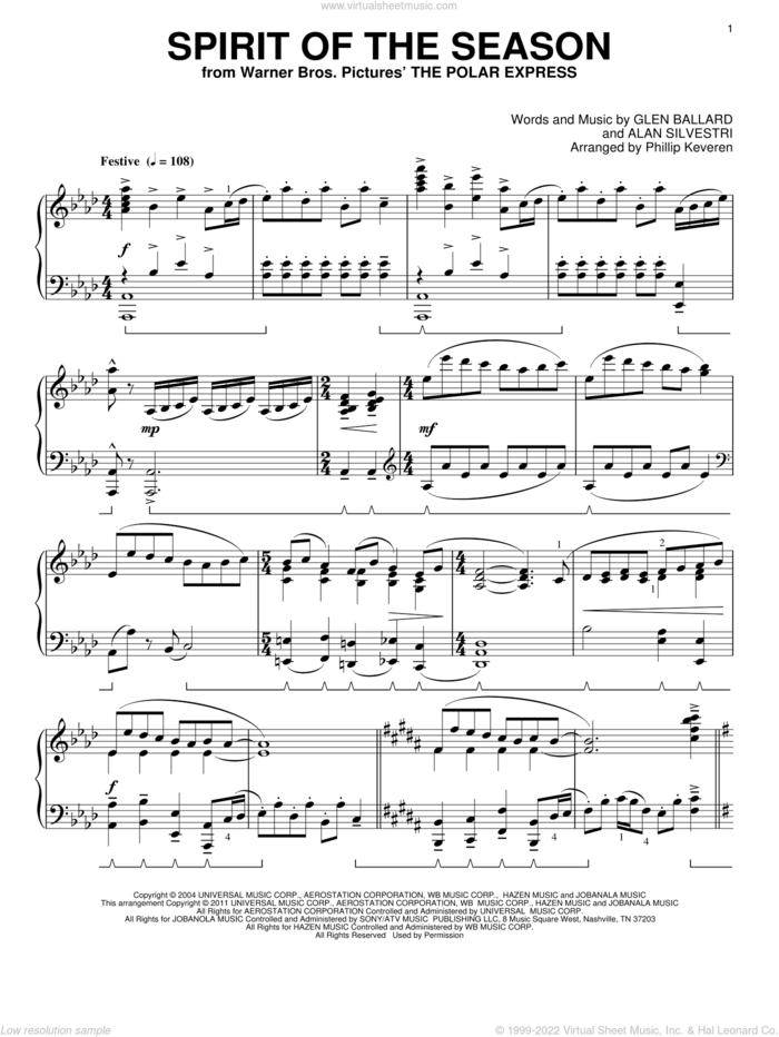 Spirit Of The Season (arr. Phillip Keveren) sheet music for piano solo by Glen Ballard, Phillip Keveren and Alan Silvestri, intermediate skill level