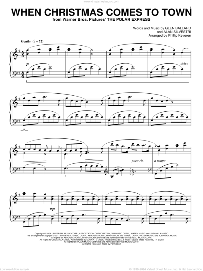 When Christmas Comes To Town (arr. Phillip Keveren) sheet music for piano solo by Glen Ballard, Phillip Keveren and Alan Silvestri, intermediate skill level