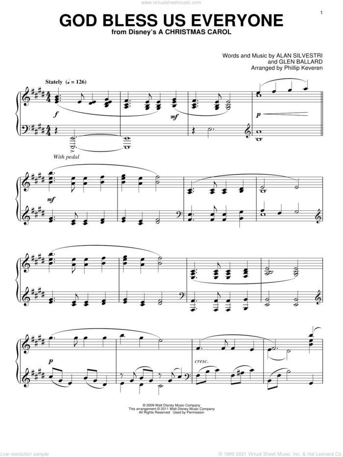 God Bless Us Everyone (arr. Phillip Keveren) sheet music for piano solo by Andrea Bocelli, Phillip Keveren, Alan Silvestri and Glen Ballard, intermediate skill level