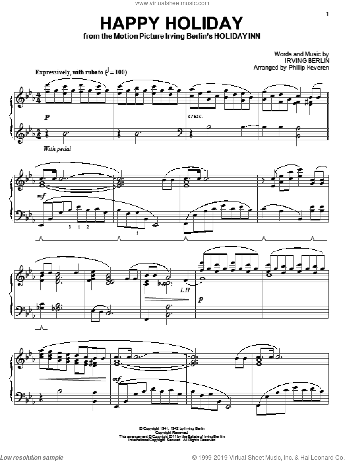 Happy Holiday (arr. Phillip Keveren), (intermediate) sheet music for piano solo by Irving Berlin and Phillip Keveren, intermediate skill level