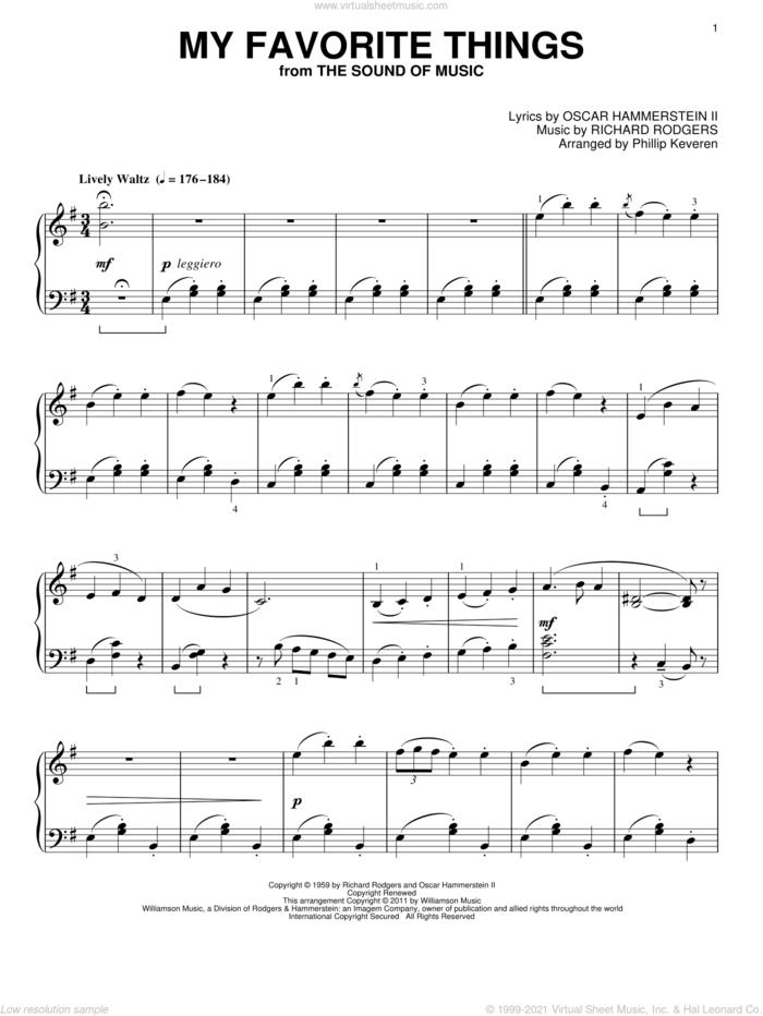 My Favorite Things (arr. Phillip Keveren) sheet music for piano solo by Rodgers & Hammerstein, Phillip Keveren, The Sound Of Music (Musical), Oscar II Hammerstein and Richard Rodgers, intermediate skill level