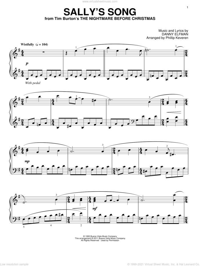 Sally's Song (from The Nightmare Before Christmas) (arr. Phillip Keveren) sheet music for piano solo by Danny Elfman and Phillip Keveren, intermediate skill level