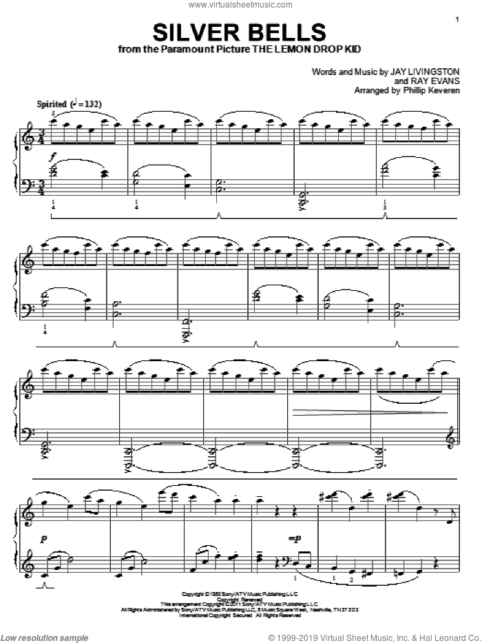 Silver Bells (arr. Phillip Keveren) sheet music for piano solo by Jay Livingston, Phillip Keveren and Ray Evans, intermediate skill level