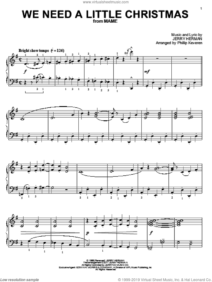 We Need A Little Christmas (arr. Phillip Keveren) sheet music for piano solo by Angela Lansbury, Mame (Musical), Phillip Keveren and Jerry Herman, intermediate skill level