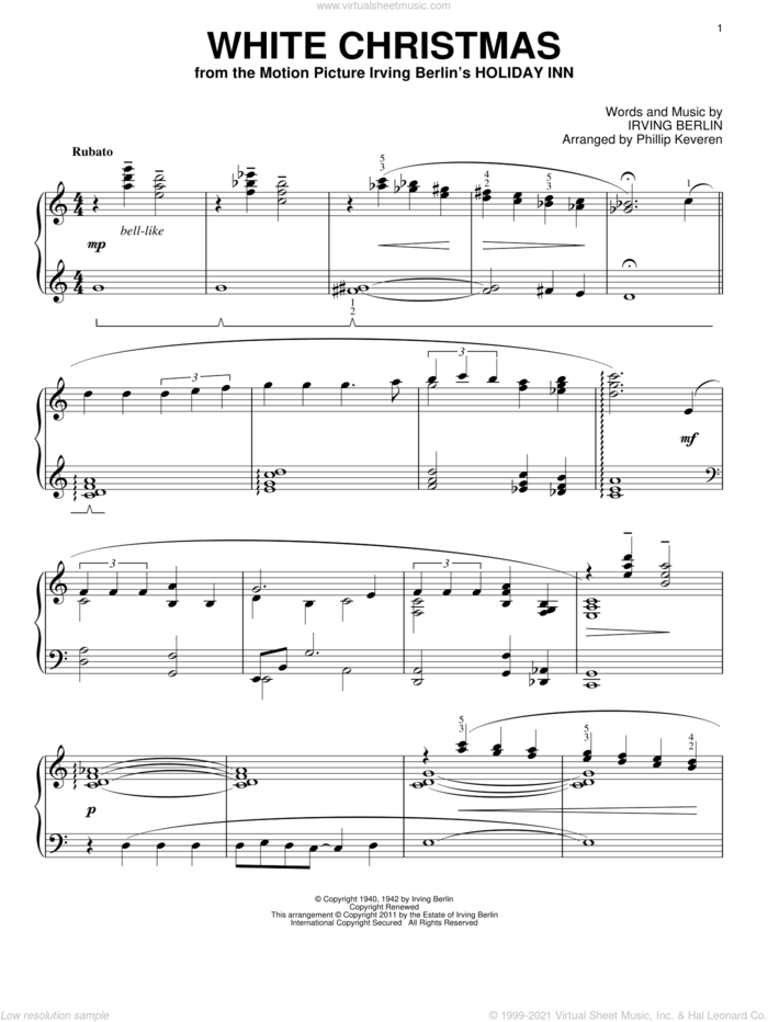 White Christmas (arr. Phillip Keveren) sheet music for piano solo by Irving Berlin and Phillip Keveren, intermediate skill level