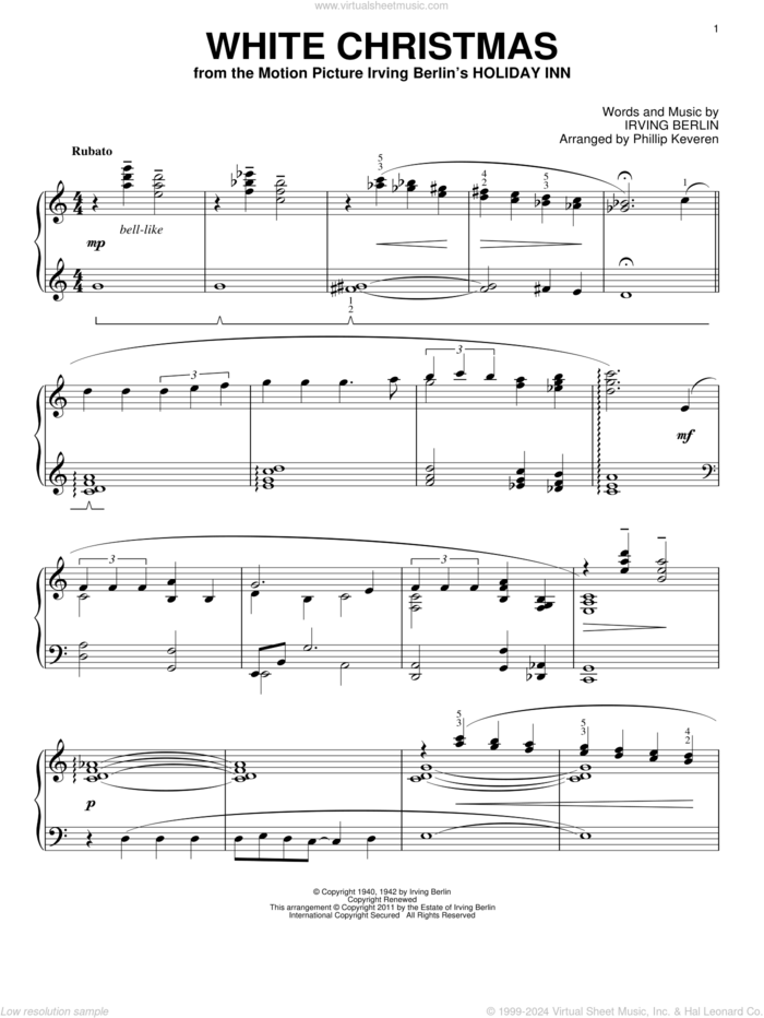 White Christmas (arr. Phillip Keveren) sheet music for piano solo by Irving Berlin and Phillip Keveren, intermediate skill level