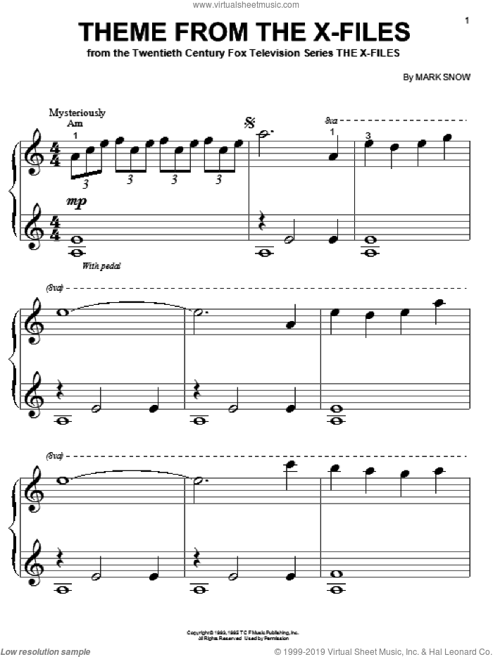 Theme From The X-Files sheet music for piano solo (big note book) by Mark Snow, easy piano (big note book)