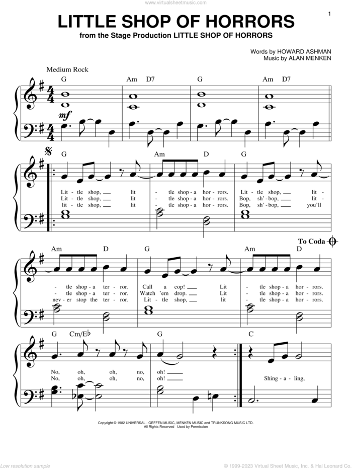 Little Shop Of Horrors (from Little Shop of Horrors) sheet music for piano solo (big note book) by Howard Ashman and Alan Menken, easy piano (big note book)