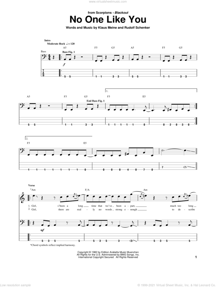 No One Like You sheet music for bass (tablature) (bass guitar) by Scorpions, Klaus Meine and Rudolf Schenker, intermediate skill level