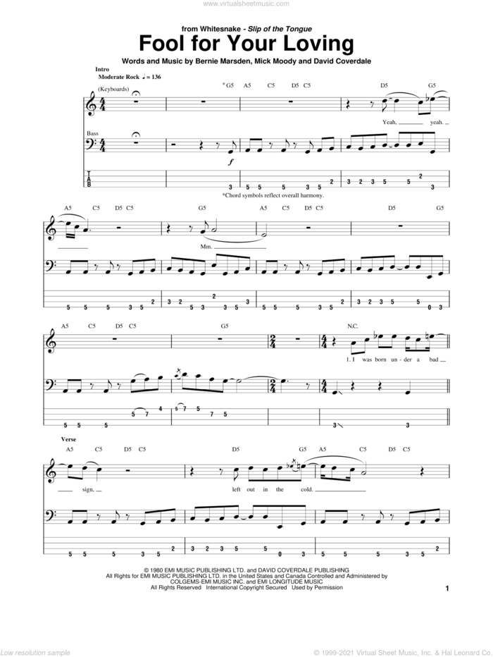 Fool For Your Loving sheet music for bass (tablature) (bass guitar) by Whitesnake, Bernie Marsden, David Coverdale and Michael Moody, intermediate skill level