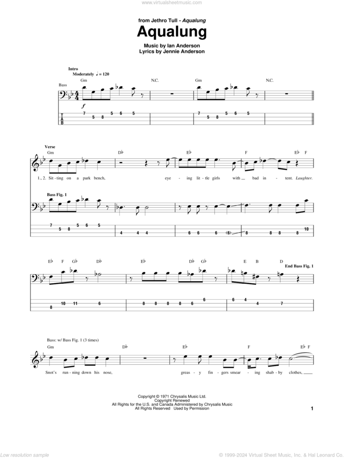 Aqualung sheet music for bass (tablature) (bass guitar) by Jethro Tull, Ian Anderson and Jennie Anderson, intermediate skill level