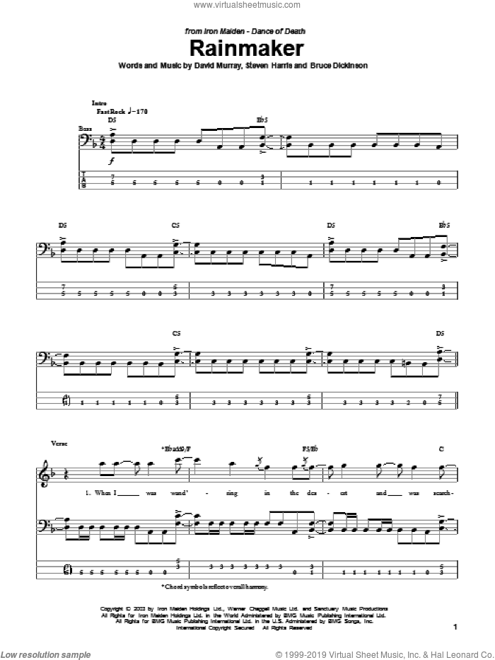 Rainmaker sheet music for bass (tablature) (bass guitar) by Iron Maiden, Bruce Dickinson, David Murray and Steve Harris, intermediate skill level