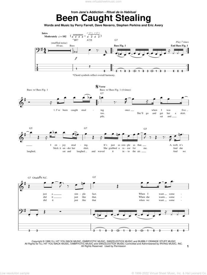 Been Caught Stealing sheet music for bass (tablature) (bass guitar) by Jane's Addiction, Dave Navarro, Eric Avery, Perry Farrell and Stephen Perkins, intermediate skill level