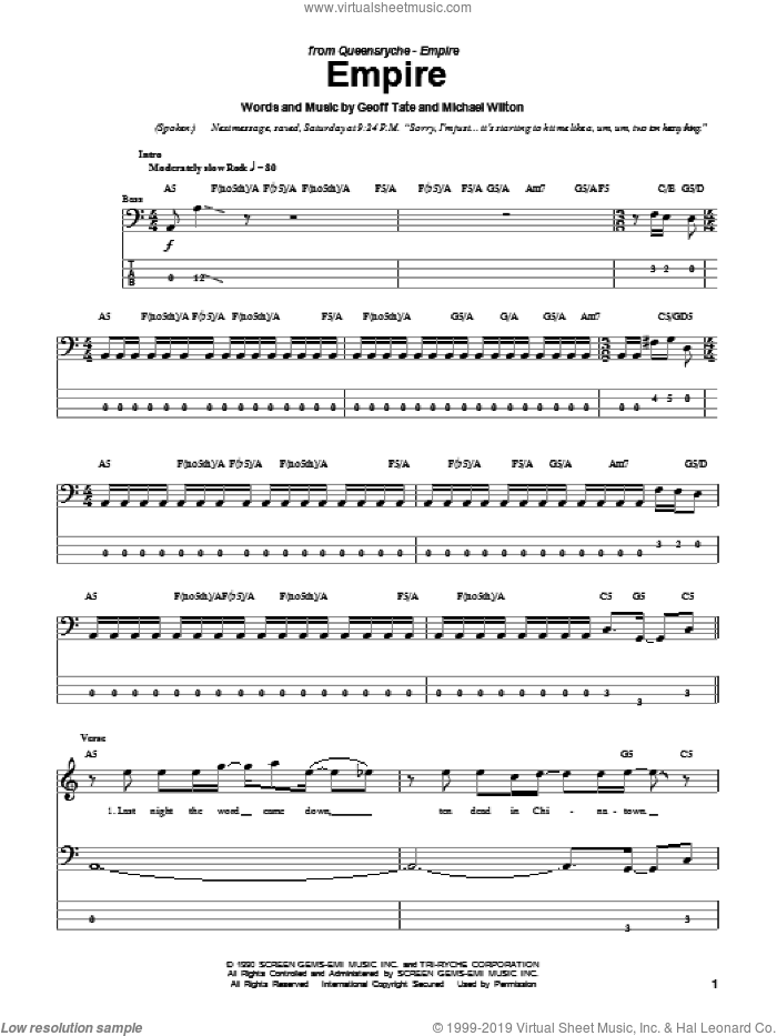 Empire sheet music for bass (tablature) (bass guitar) by Queensryche, Geoff Tate and Michael Wilton, intermediate skill level