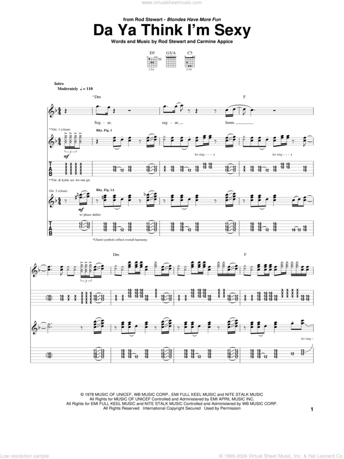 Da Ya Think I'm Sexy sheet music for guitar (tablature) by Rod Stewart and Carmine Appice, intermediate skill level