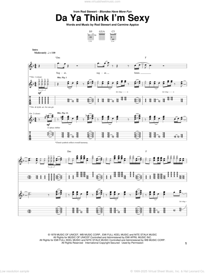 Da Ya Think I'm Sexy sheet music for guitar (tablature) by Rod Stewart and Carmine Appice, intermediate skill level